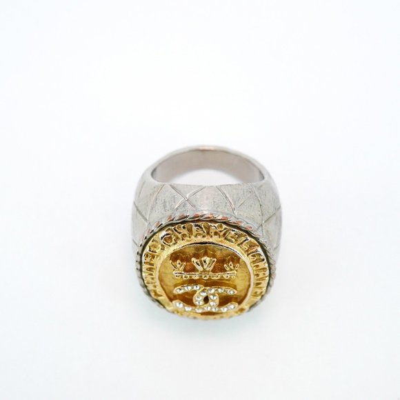 CHANEL Band Ring Coco Mark Oval GP Plated Metal Rhinestone Gold Silver Size 6 - Picture 3 of 10
